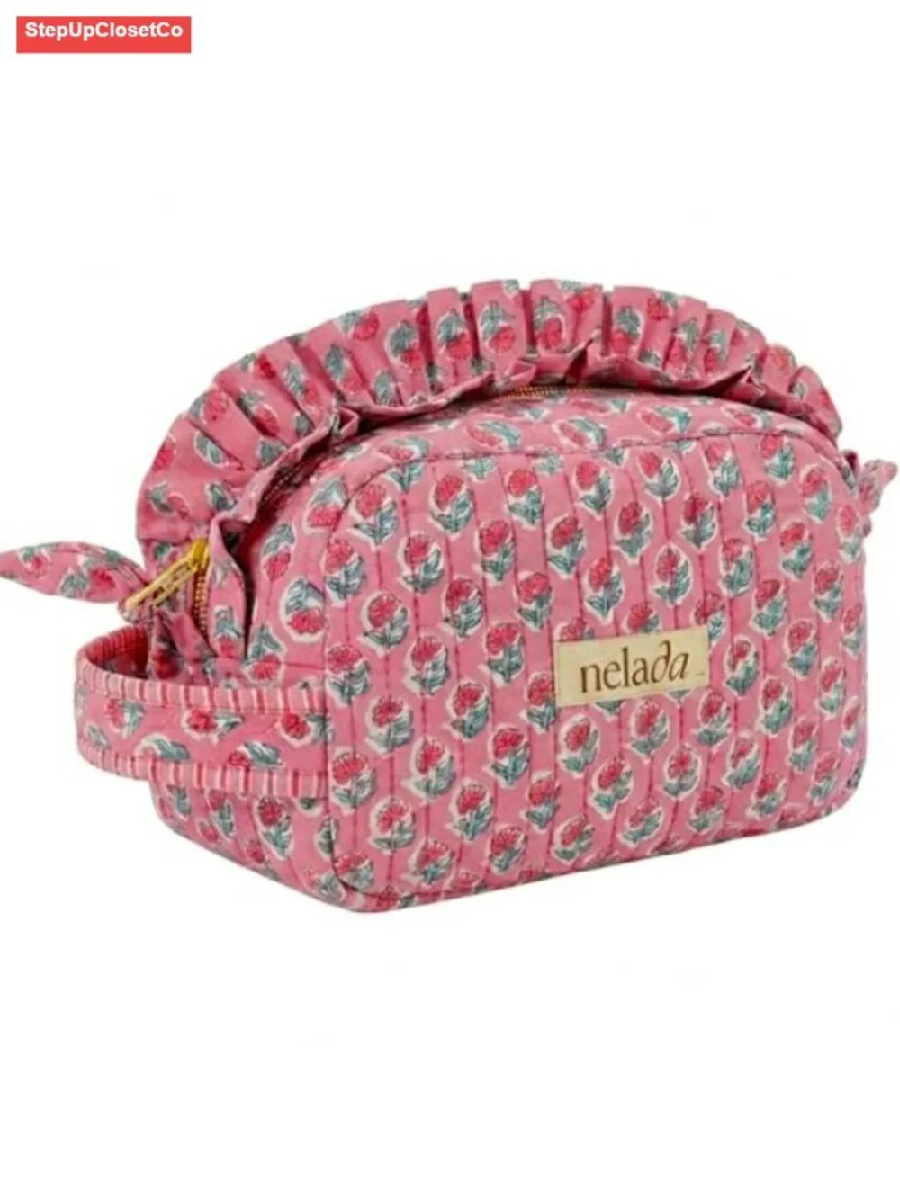 Handcrafted Quilted Cotton Makeup Bag with Frill - Large Travel Organizer Pouch